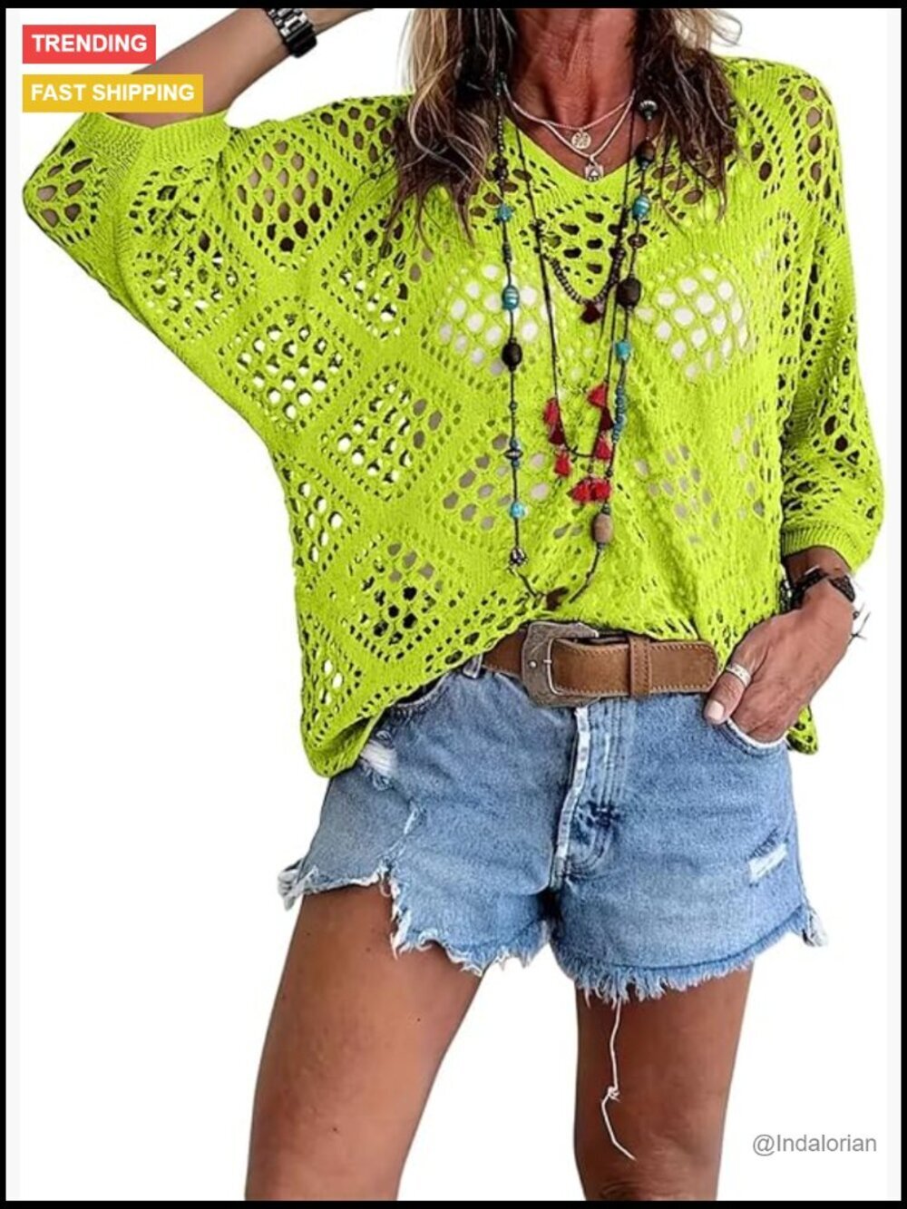 Crochet Long Sleeve V-Neck Beach Cover Up Sweater Top